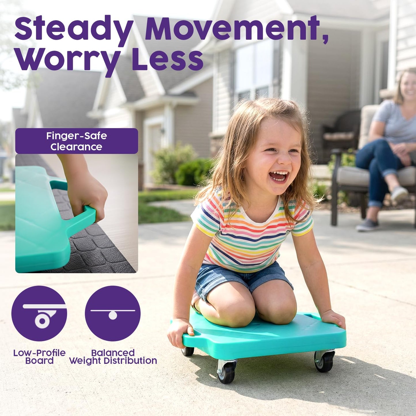 Hurtle Scooter Board for Kids with Safety Handles - Heavy Duty Gym Floor Scooter with 360° Wheels for PE, Indoor Active & Sensory Play - Supports 200