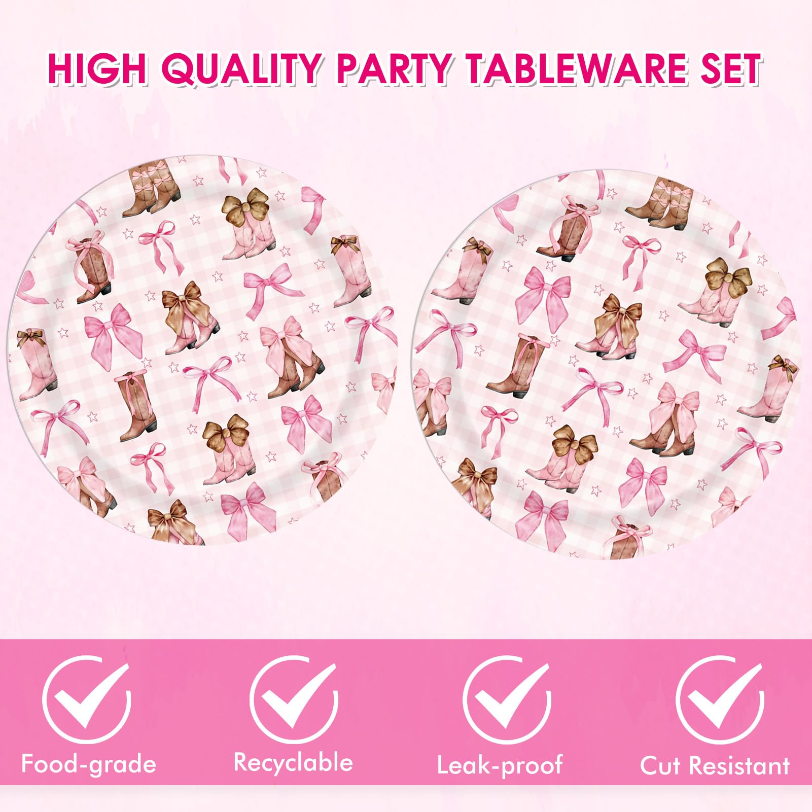 Coquette Bow Cowgirl Paper Plates Tableware Set 40PCS Western Cowgirl Birthday Party Supplies Pink Bowknot Boots Rodeo Bachelorette Party Plates