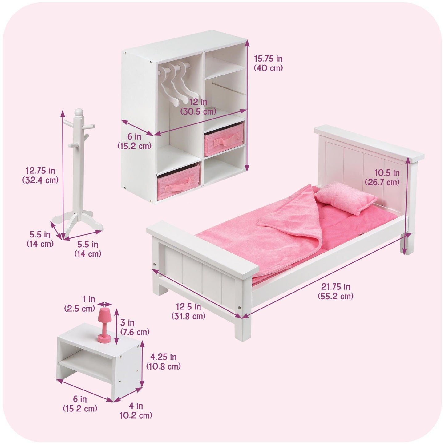 Badger Basket 13-Piece Bedroom Furniture Set for 18 Inch Dolls - Includes Bed, Armoire, Nightstand & Accessories