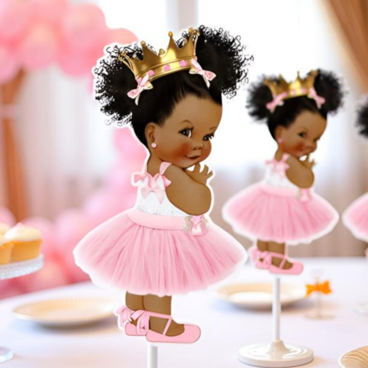 Little Princess Centerpieces Baby Shower Table Decoration 10 inches Pink Gold African American Black Royal Birthday Cake Topper
