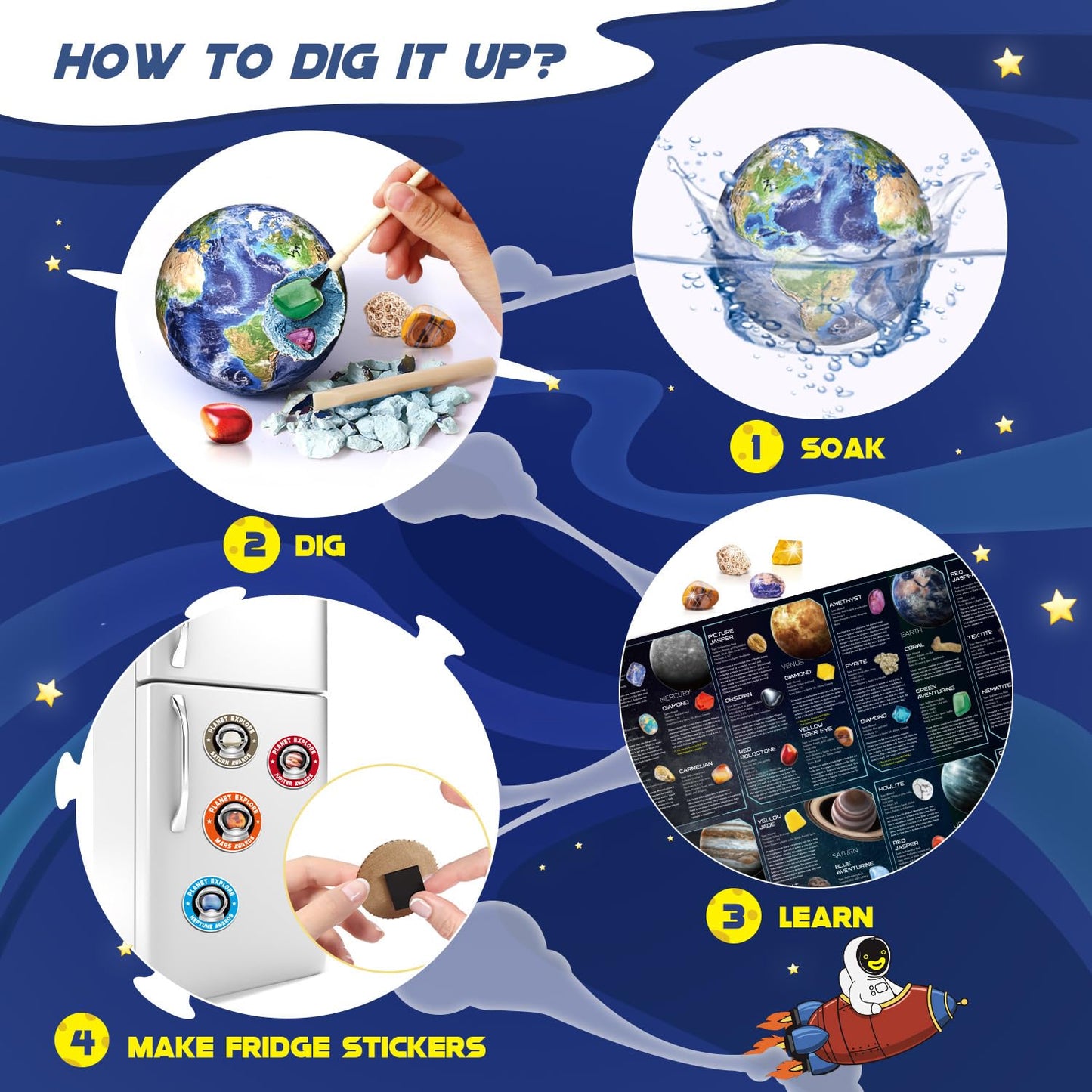 Gemstone Dig Kit - 40 Real Gems & Crystals, STEM Toy for Kids 6+