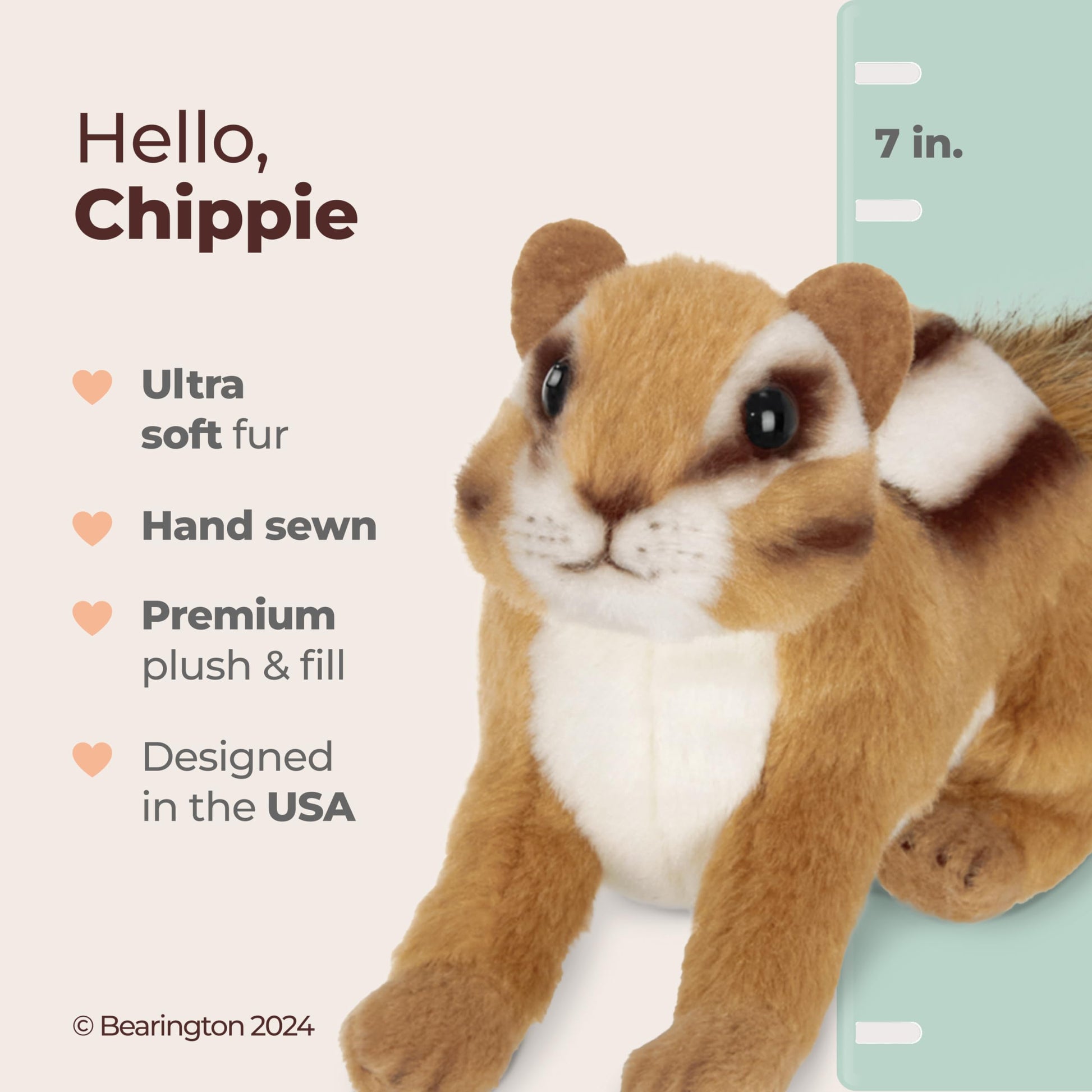 Bearington Chippie Chipmunk Stuffed Animal - 7" Realistic Stuffed Animals with Soft Fur for Toddlers and Wildlife Animal Lovers - Plush Toy Chipmunk