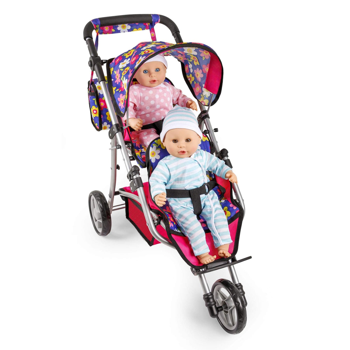fash n kolor Baby Doll Double Stroller | Flower Design Easy Fold Double Stroller for Twin Dolls with Carriage Bag