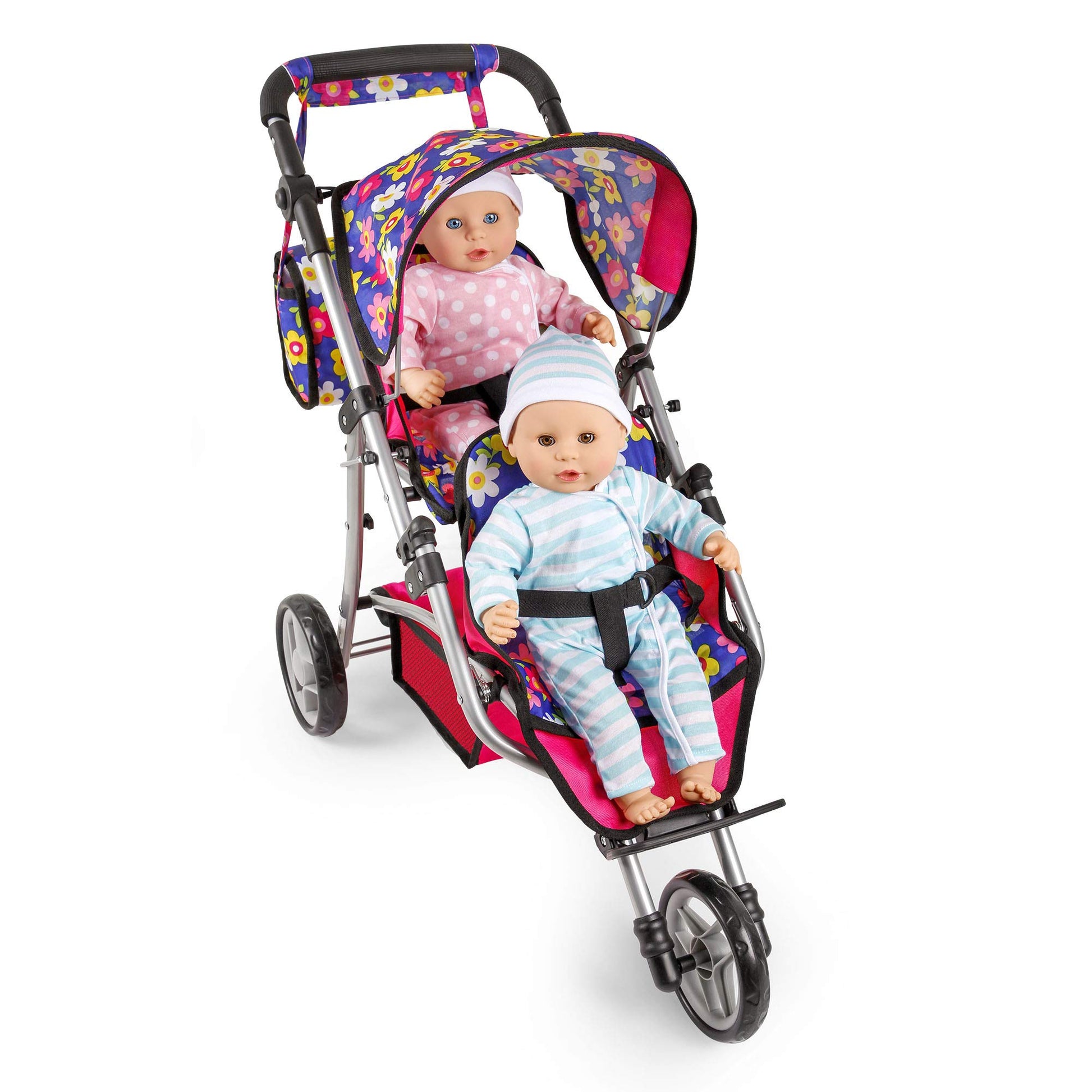fash n kolor Baby Doll Double Stroller | Flower Design Easy Fold Double Stroller for Twin Dolls with Carriage Bag