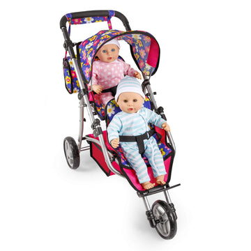 fash n kolor Baby Doll Double Stroller | Flower Design Easy Fold Double Stroller for Twin Dolls with Carriage Bag