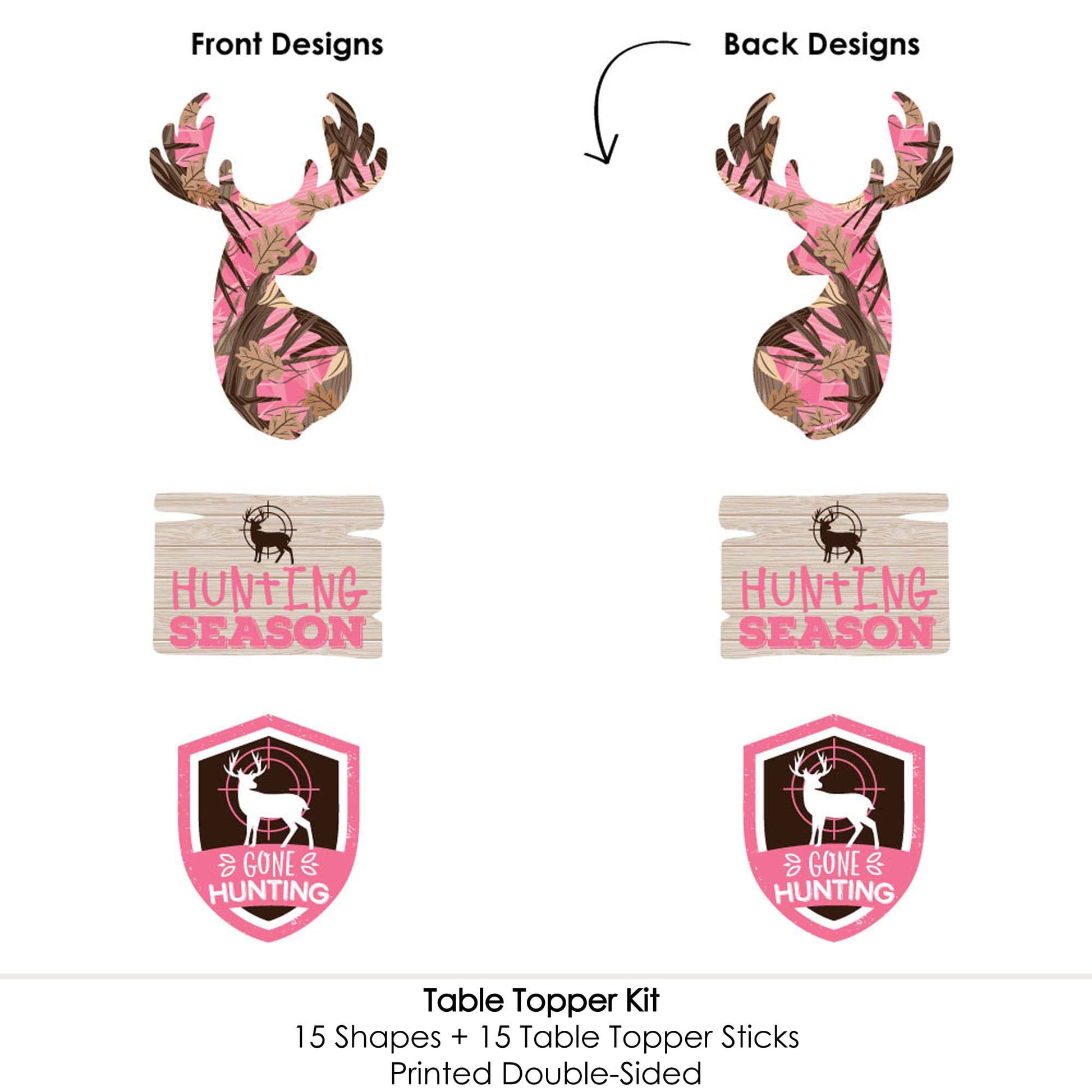 Big Dot of Happiness Pink Gone Hunting - Deer Hunting Girl Camo Baby Shower or Birthday Party Centerpiece Sticks - Table Toppers - Set of 15