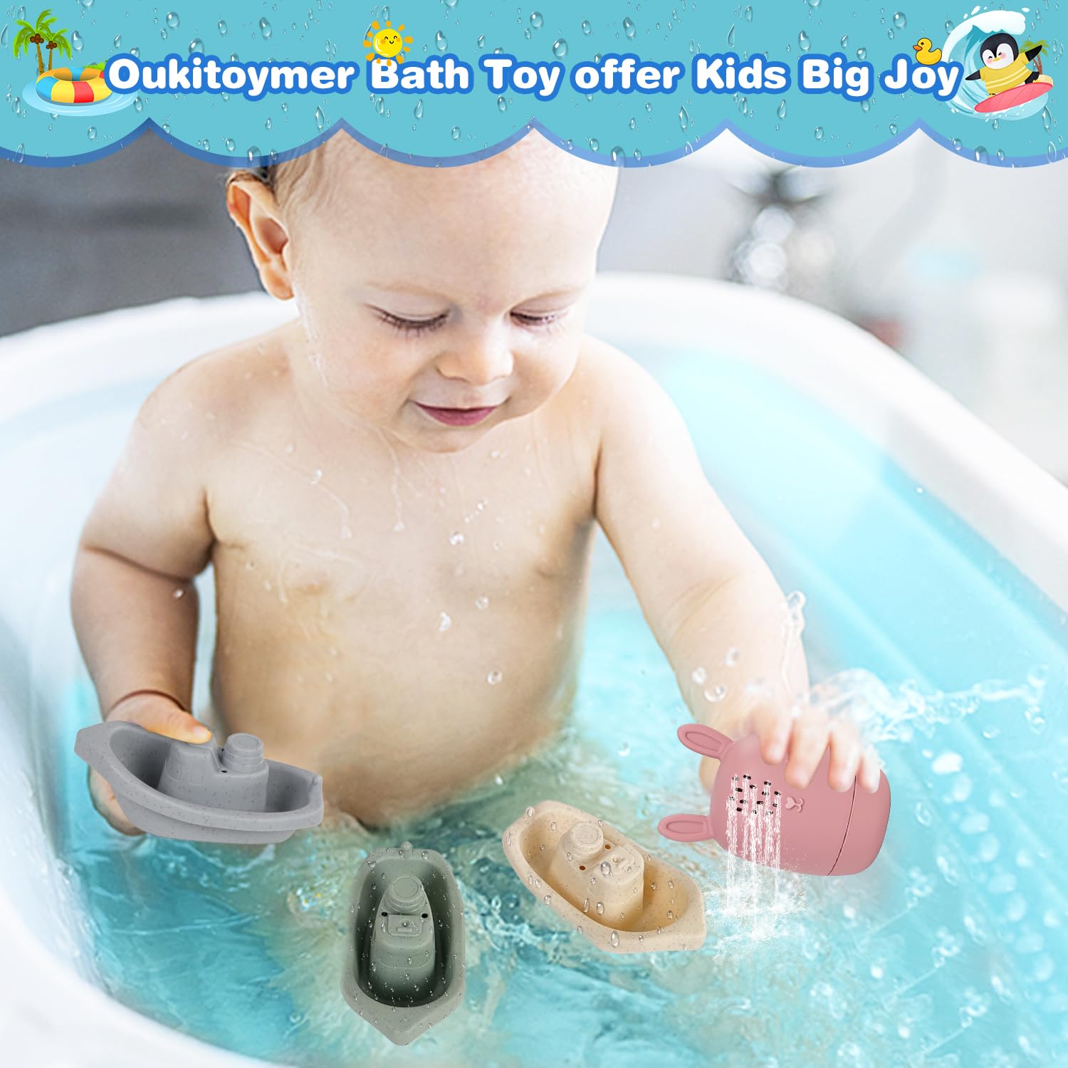 Baby Bath Toys Stackable Boats with Soft Silicone Squirt Water Animal Toys, 9 Pcs Floating Stacking Boat Bathtub Shower Pool Beach Toys for Toddler