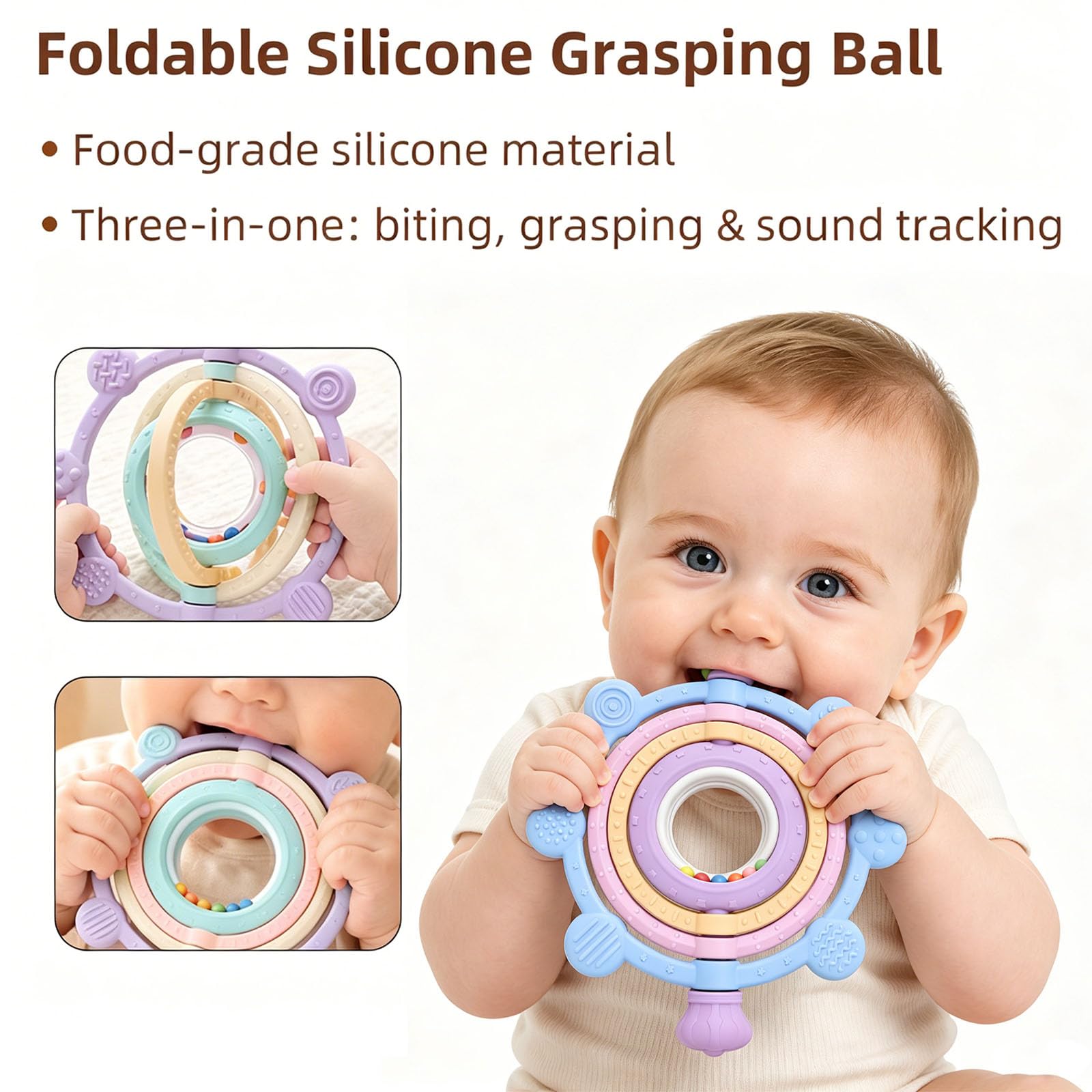 Rotatable Silicone Teether Toy for Babies Over 3 Months -BPA Free, Food Grade Infant Teething Toy with Rattle Ring, Multi Textures Colorful Teethers