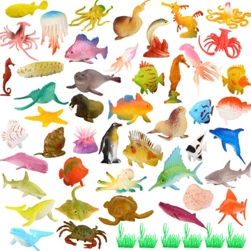 Funcorn Toys Ocean Sea Animal, 52 Pack Assorted Mini Vinyl Plastic Animal Toy Set, Realistic Under The Sea Life Figure Bath Toy for Child Educational
