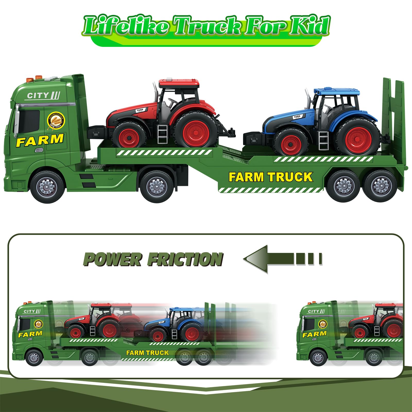 lonfypeng 3-in-1 Farm Truck Toys for Kids Ages 3-6 - 25.6 Inch Extra-Large Inertia Semi Trailer with Lights & Sounds, Detachable Tractor and Light