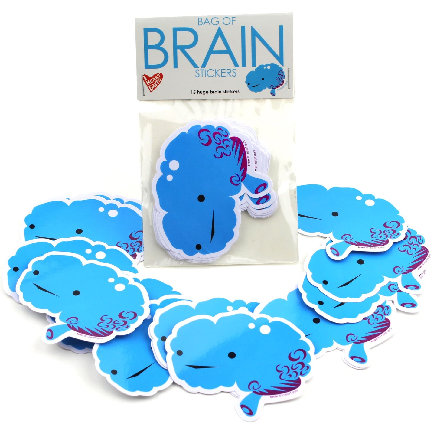 I Heart Guts Bag of Brain Stickers - 15 Brain Stickers - Neuroscience-Inspired Vinyl Stickers for Psychology Students, Med School Nerds, and Mental