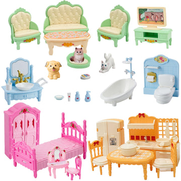 Xadothat Dollhouse Furniture Set, Complete Room Collection with Kitchen, Dining, Living Room, Bedroom and Bathroom Accessories, Plastic (36-Piece