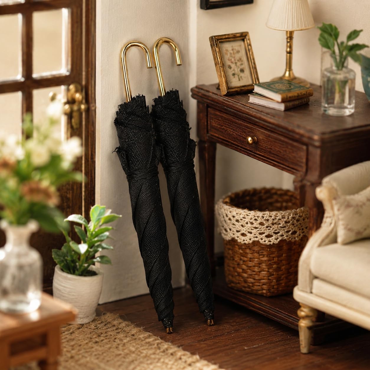 2Pcs Miniature Umbrellas, 1:12 Scale, Black Cloth, Mini Furniture Decorative Accessories, Dollhouse Umbrella