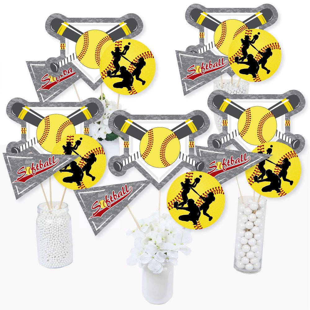Big Dot of Happiness Grand Slam - Fastpitch Softball - Birthday Party or Baby Shower Centerpiece Sticks - Table Toppers - Set of 15