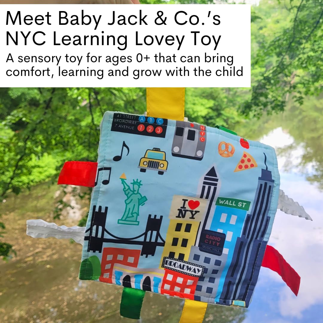 Baby Jack & Co 8x8” Learning Lovey NYC New York Tag Toys for Babies - Baby Crinkle Toys - Soft & Safe - Learn USA Cities and Shapes - Ideal Baby Toy
