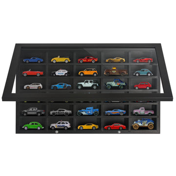 Americanflat 11x18 Toy Car Display Case - Holds up to 30 Cars - Model Car Displays with Removable Shelves and Shatter-Resistant Glass - Wall Mounted
