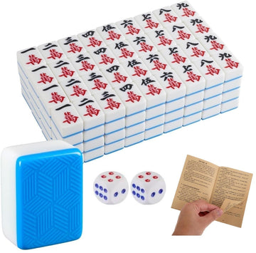 EatingBiting Large Size Chinese Mahjong Set 1.6 inches Board Game Classic 麻将 with 146+ Blue Colored Tiles, Dice Large + Mahjong Tiles Melamine English