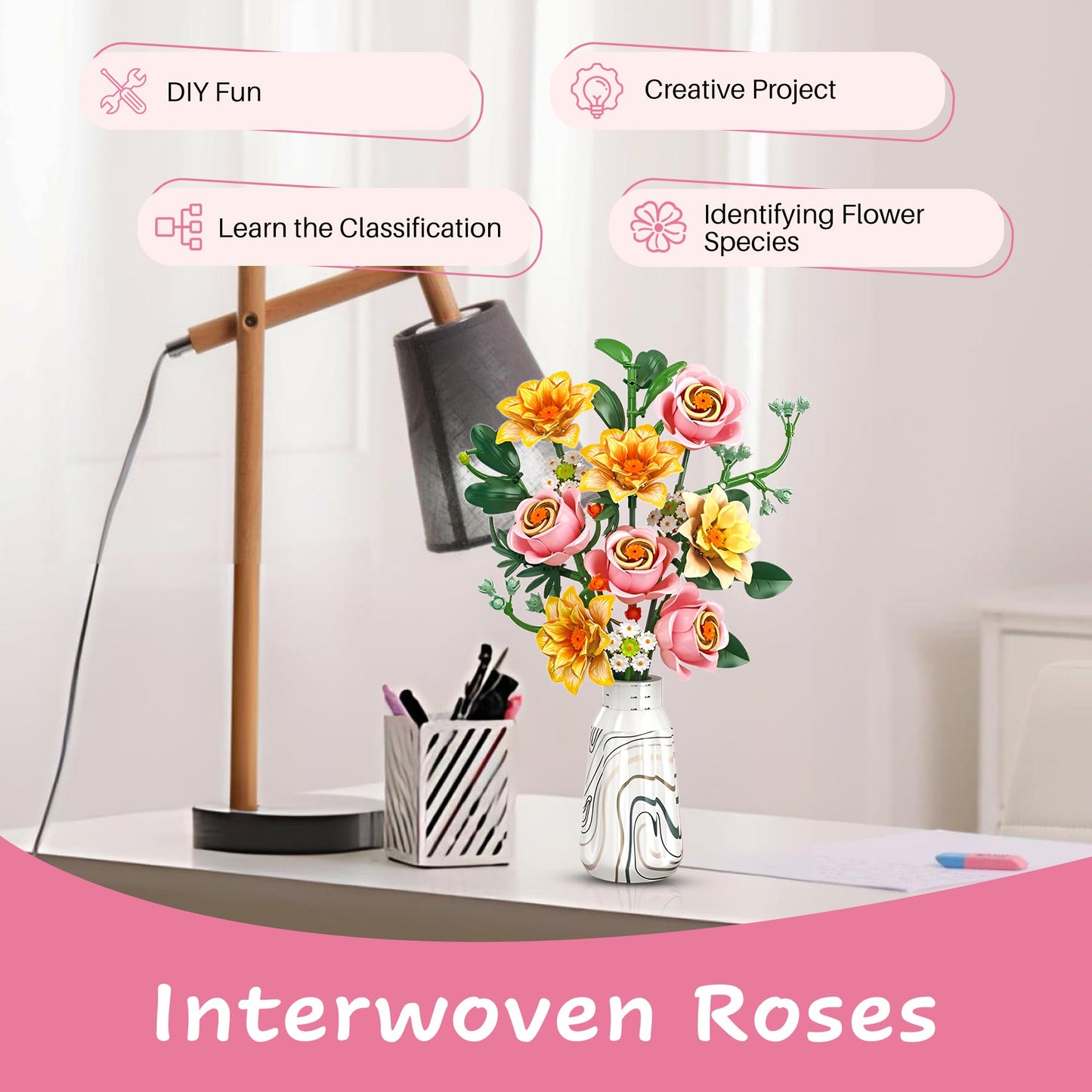 Woolbye Flowers Building Set Interwoven Roses Bouquet botanicals Collection Unique Home Décor or Office Décor Great Gift for Her and Him (VASE