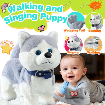 HCdoujoy Husky Walking Dog Barking Toy, Musical Singing Dancing Volume Control Interactive Puppy Walk Along with Leash, Wagging Tail Shaking Head