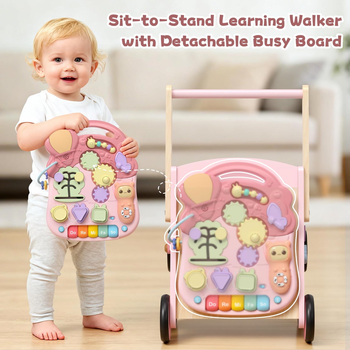 CHIAKBDK 2 in 1 Wooden Baby Walker and Activity Center for Girls Boys Sit-to-Stand Learning Toy Kids Montessori Educational Push Toys with Music