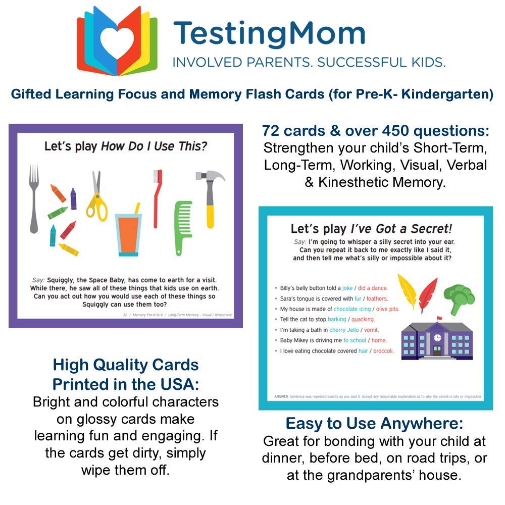 TestingMom.com Gifted Learning Flash Cards - Focus and Memory for Pre-K - Kindergarten - Gifted and Talented Educational Toy Practice for CogAT Test