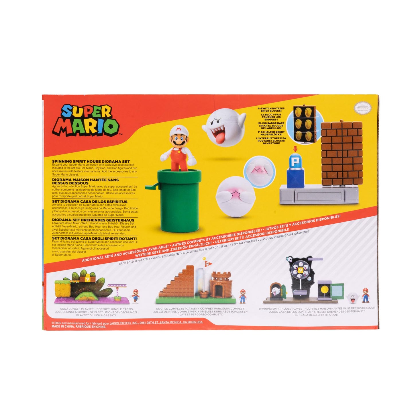 Super Mario Action Figures Spinning Spirit House Diorama Playset with 2.5-Inch Fire Mario Figure, Shy Boo, Boo, Green Pipe and Rotating Brick Wall