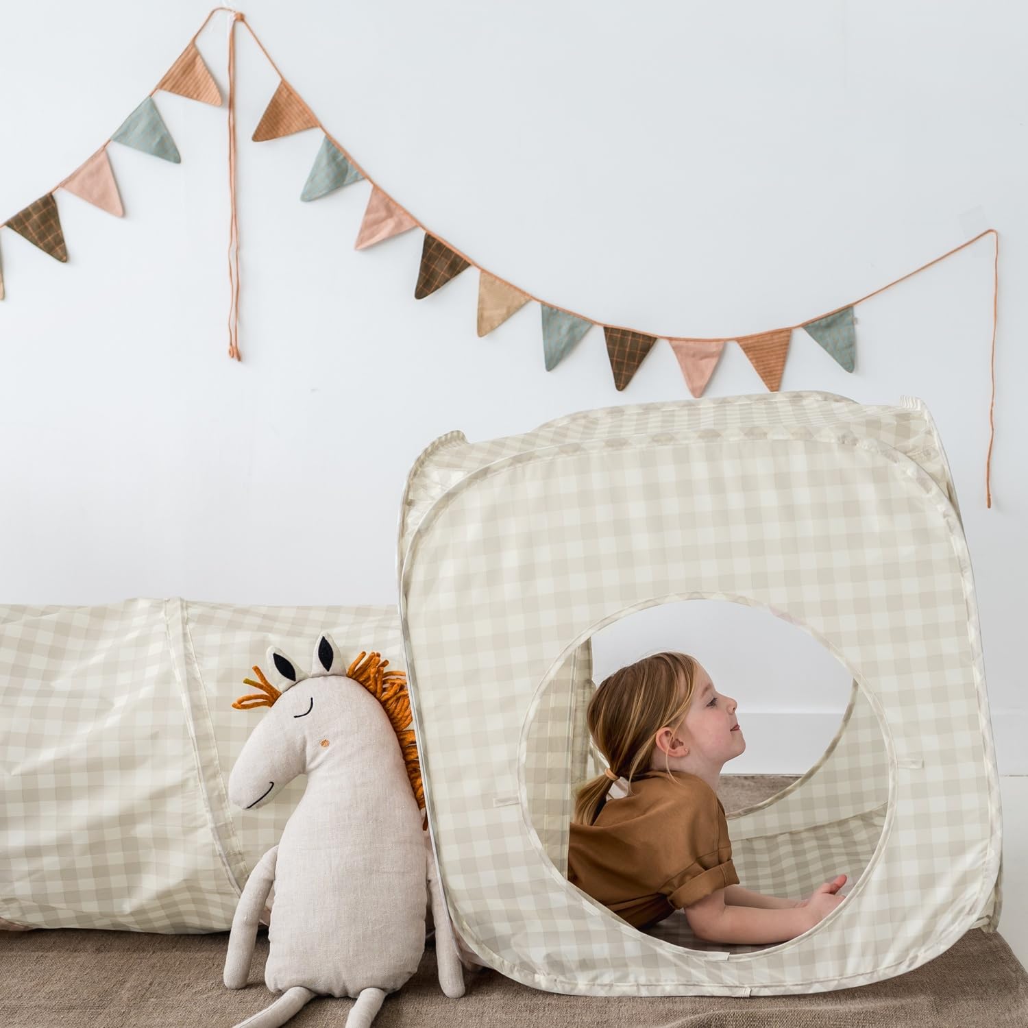 3 Sprouts Play Tent and Tunnel Set, 3-in-1 Pop Up, Gingham Beige