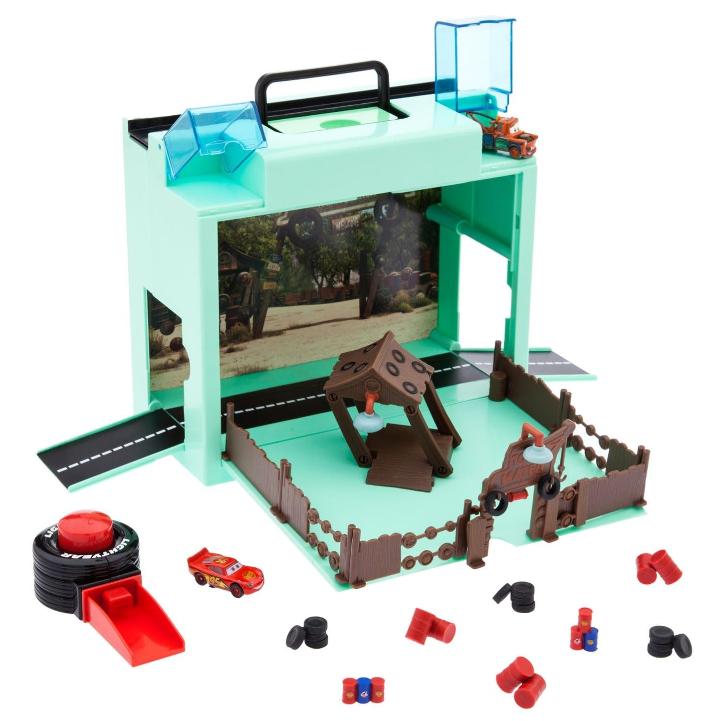 Disney Store Action Toys Pixar Car Play Set - Toolbox Case with Lightning McQueen & Tow Mater Die Cast Cars, Launcher, Junkyard Shack and Accessories