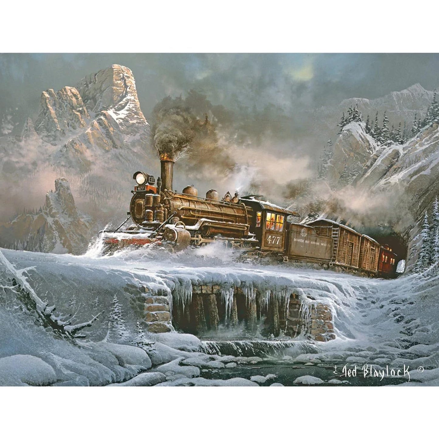 Bits and Pieces 300 Piece Puzzles for Adults Mighty Mike's December Run 300 Large Pieces 18" x 24" Jigsaw Puzzles, Steam Train Locomotive Winter