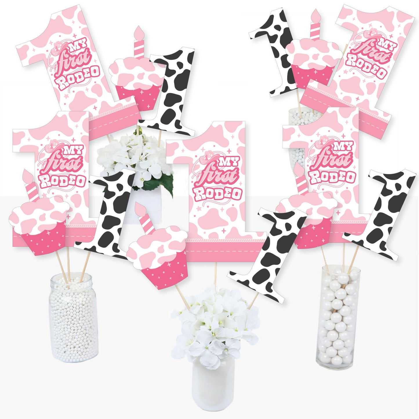 Big Dot of Happiness Pink First Rodeo - Cowgirl 1st Birthday Party Centerpiece Sticks - Table Toppers - Set of 15