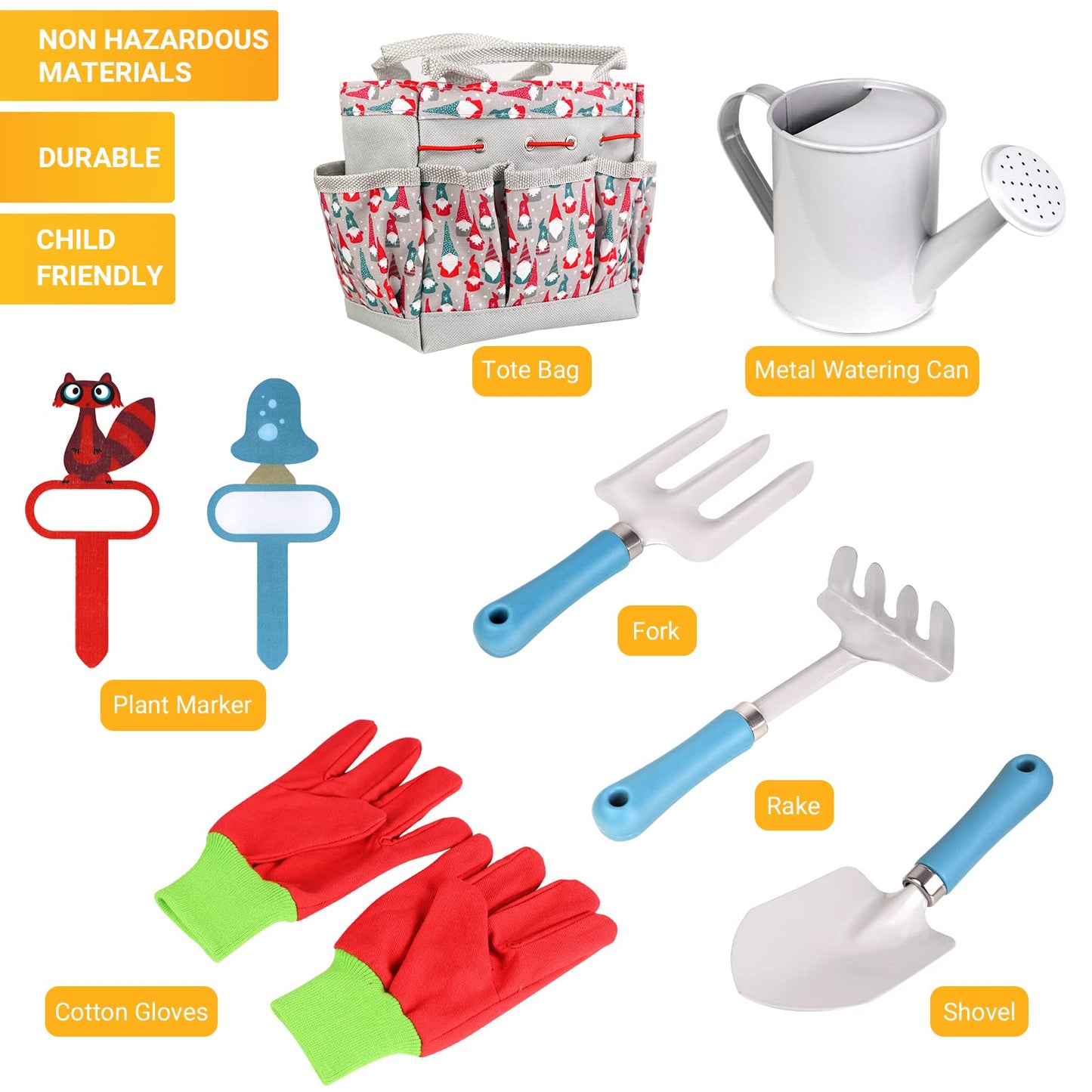 Kids Gardening Tools - Includes Sturdy Tote Bag, Watering Can, Gloves, Shovel, Rake, Fork - Children Garden Tool Set -Christmas New Year Gifts