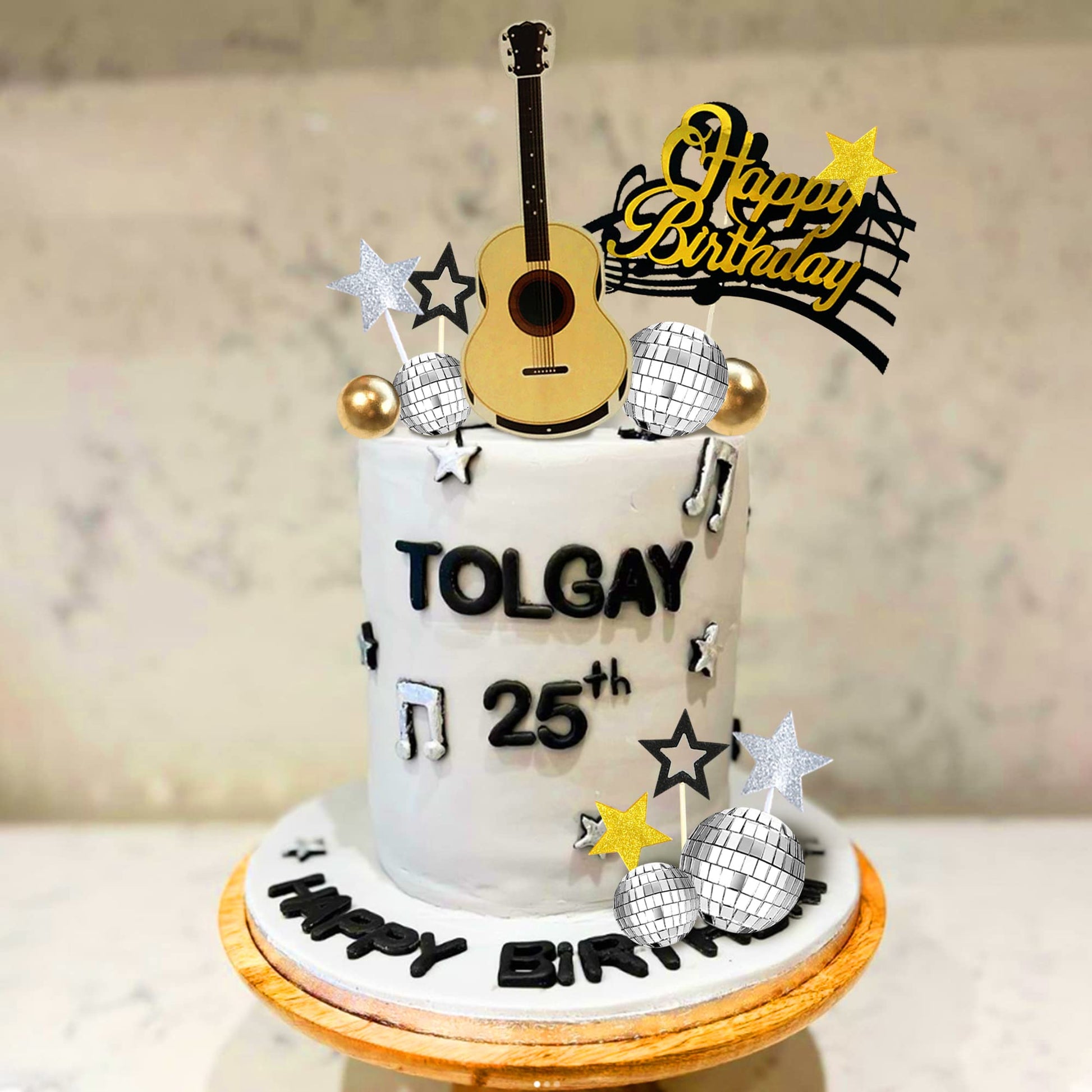 31 PCS Guitar Cake Toppers Music Notes Balls Cake Decorations for Musician Rock Theme Birthday Supplies (Black)