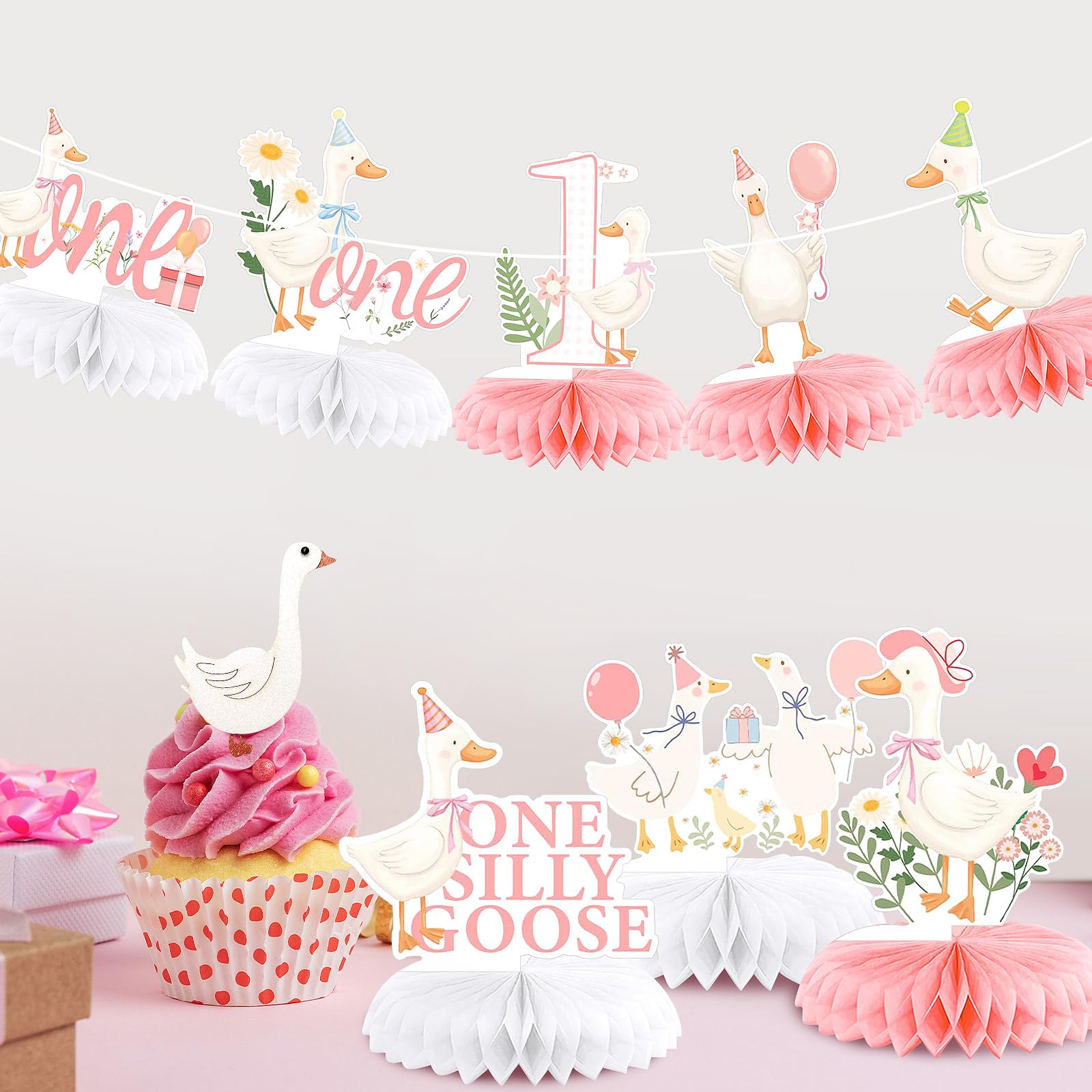 18 Pcs One Silly Goose Birthday Decorations,Silly Goose Birthday Honeycomb Centerpieces Pink Ballerina Birthday Centerpieces Table Decor for 1st