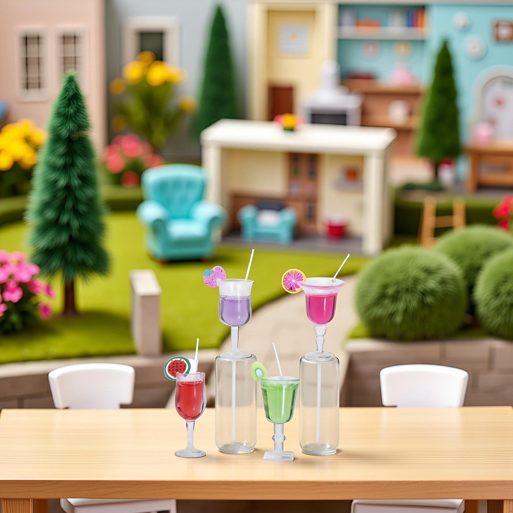 4 Pcs Miniature Dollhouse Juice and Wine Bottle Set - Resin Cocktail Cups, Simulated Drink Models for Dollhouse Kitchen Decor, Mini Props for DIY