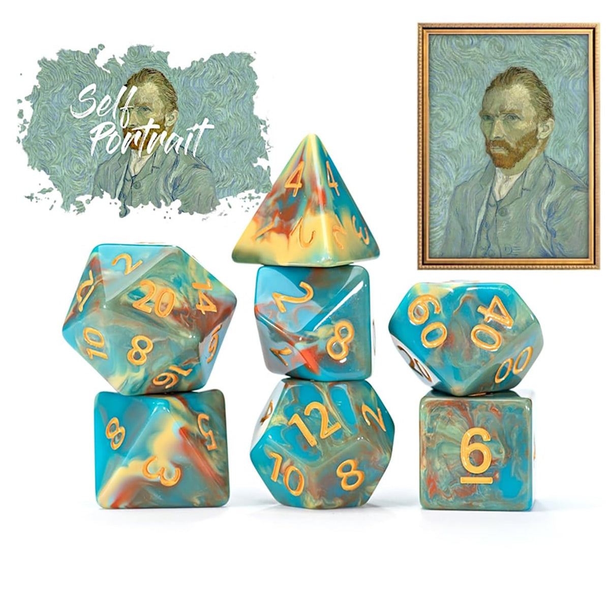 Gate Keeper Games and Dice: Van Gogh Dice: Self Portrait - 7pc RPG Set, Blue, Orange & Yellow Cream Swirled, Art Dice for Role Playing Games