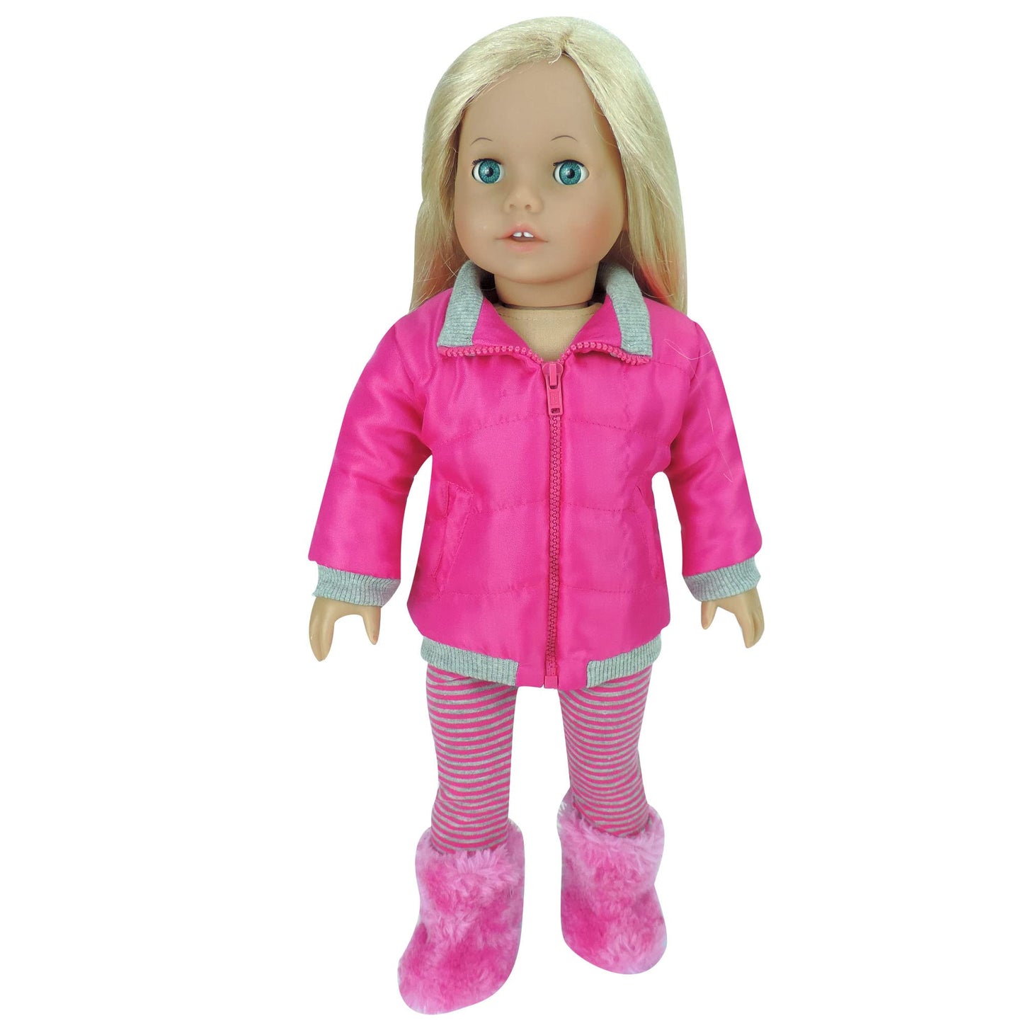 Sophia's 18" Doll 4 pc. Winter Outfit with Hot Pink Nylon Zipped Jacket, Bear Faux Fur Hat and Boots, and Hot Pink and Gray Striped Leggings