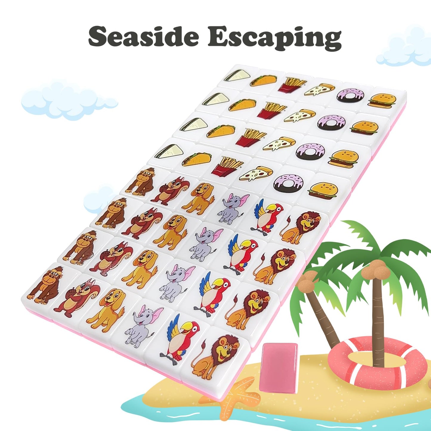 Seaside Escape Game Blocks, Mahjong Tile Game Sets with 49 Tiles 30mm Pet and Food Pattern.