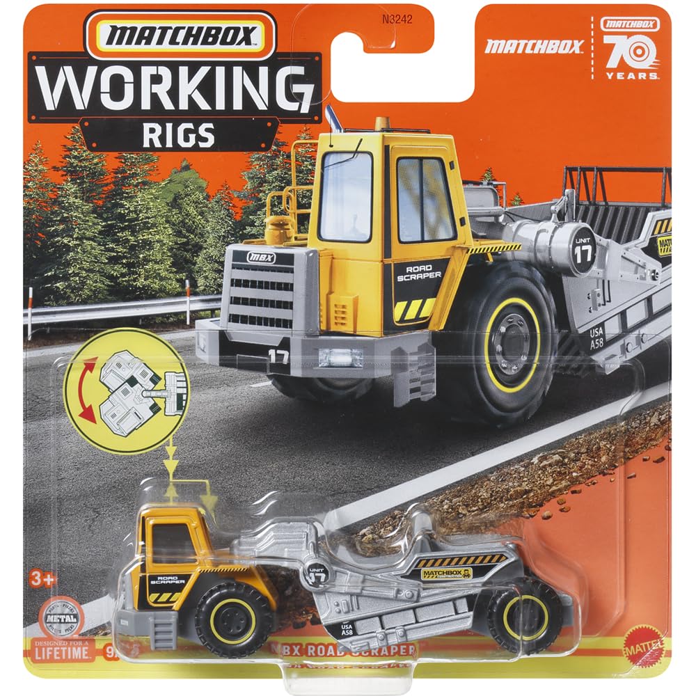Matchbox Working Rigs Die-Cast Vehicle - MBX Road Scraper Construction Truck ~ Yellow and Gray ~ 70th Anniversary Series