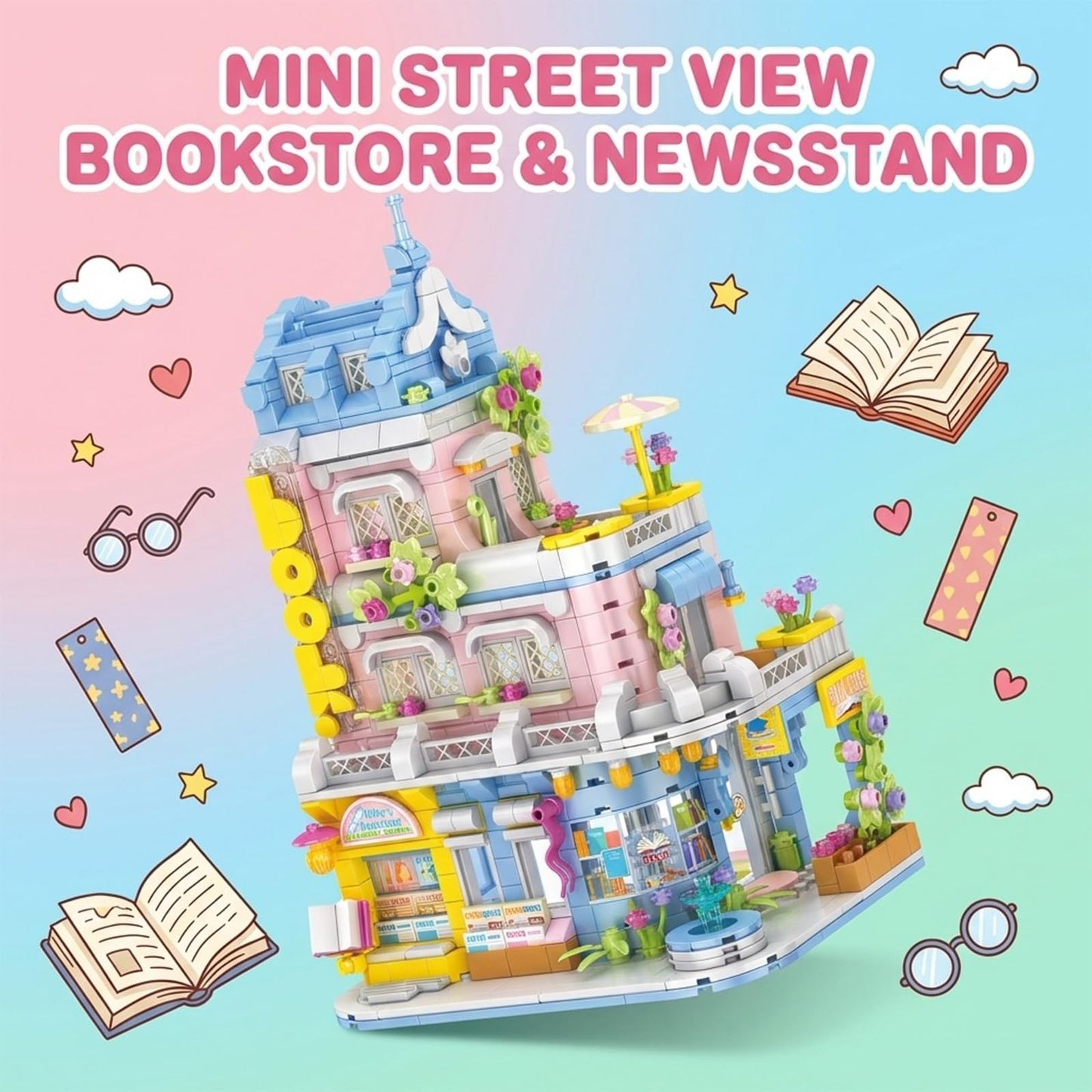 FNSJFYZS Bookstore Building Blocks, 762 PCS Modular City Street View Book Shop Model, Newsstand Construction Set for Home Decor, Birthday Gifts