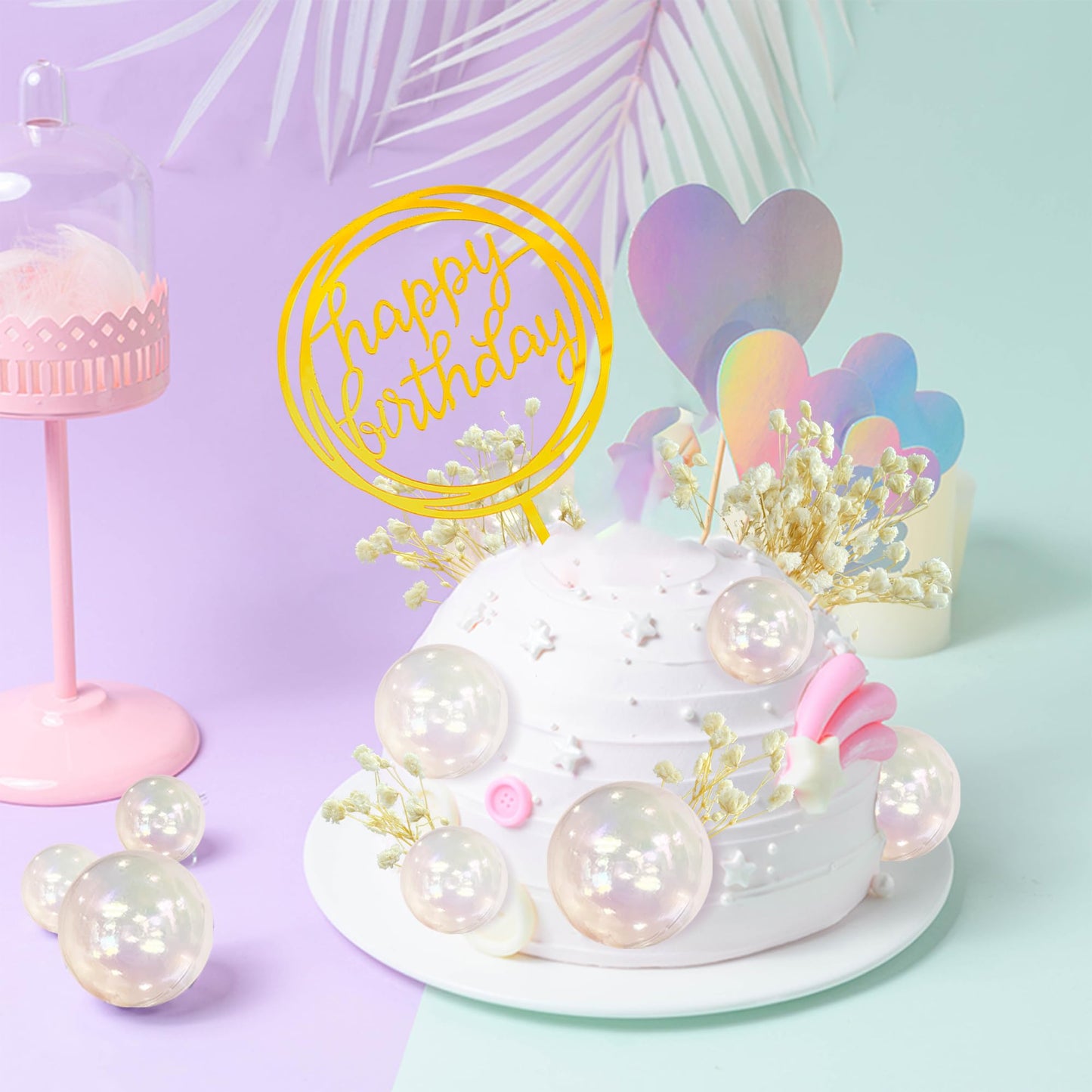 30 PCS Mini Balls Cake Topper DIY Cake Insert Topper Acrylic Cake Topper Foam Cake Balls Artificial Dried Flowers for Wedding Anniversary Baby Shower
