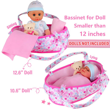 Young Buds Baby Doll Cradle Bassinet Portable Doll Carrier Carry Bag,Doll Accessories Playset,with Soft Pillow Quilt Blanket Bear,for 8-9-10-11-12