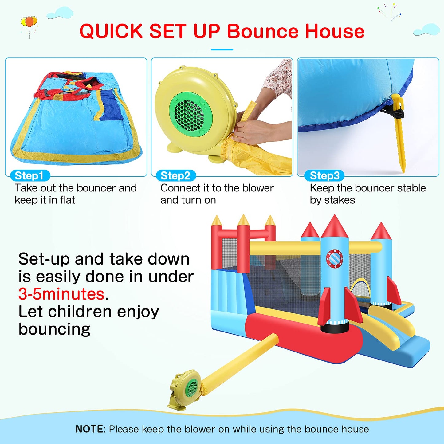 DREAMVAN Kids Bounce House with Blower Inflatable Bounce Houses Double Slide Climbing Wall and Ball Pit/Pool Splash Big Bouncy House Bouncing Rocket