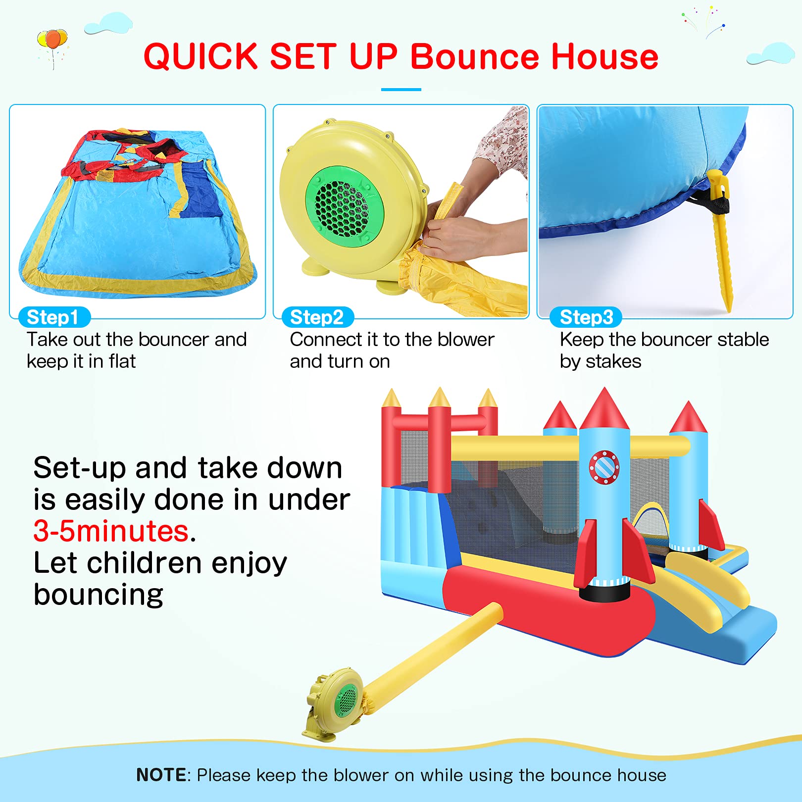 DREAMVAN Kids Bounce House with Blower Inflatable Bounce Houses Double Slide Climbing Wall and Ball Pit/Pool Splash Big Bouncy House Bouncing Rocket