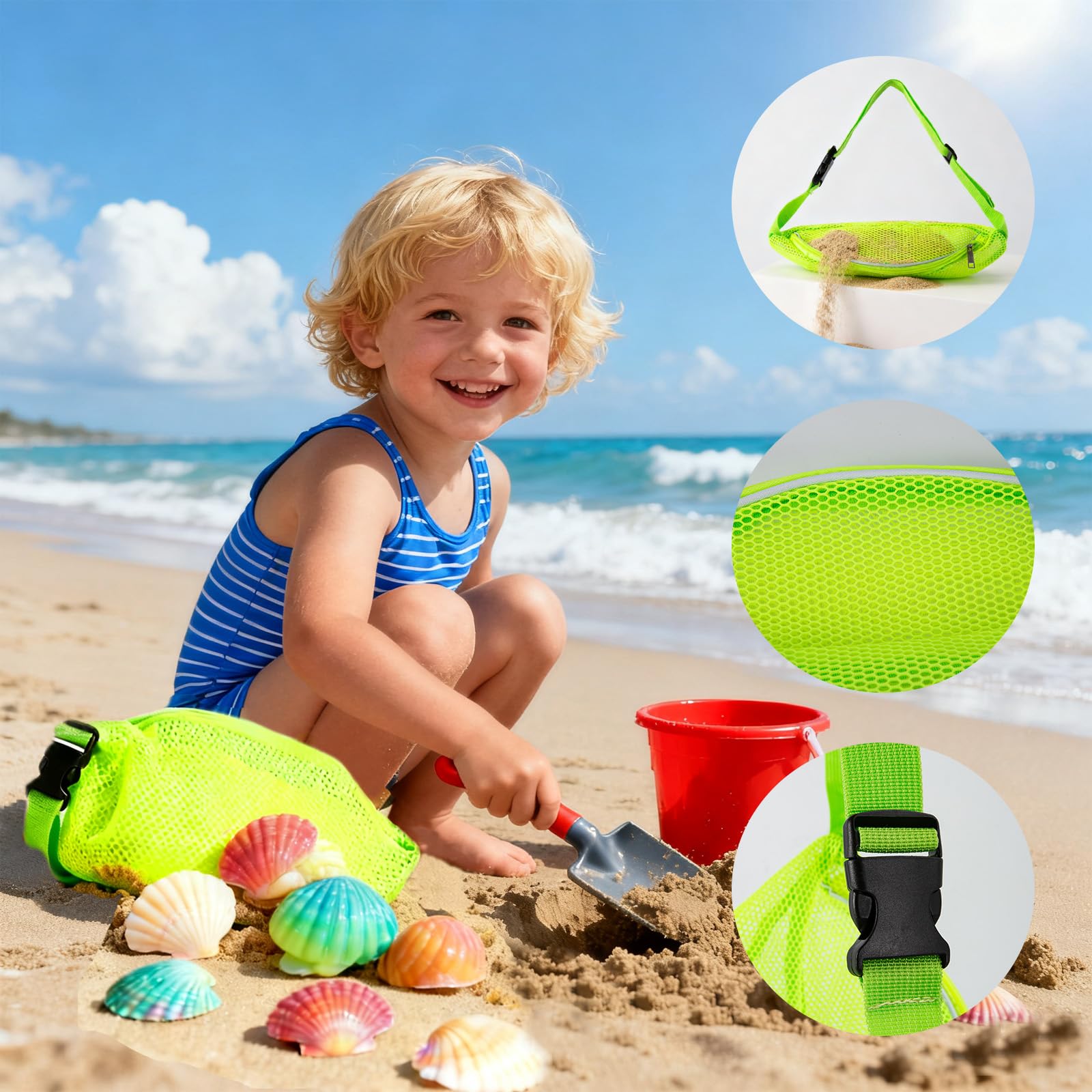 AJFHKJ Mesh Beach Bag Shell Bags for Beach with Beach Shovels Set, Adjustable Fanny Pack Seashell Bag for Collecting Seashells Rocks for Adults Boys