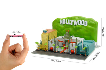Jada Nano Hollywood Rides Walk of Fame Diorama w/ Hollywood Sign and 2 Vehicles (Double-Decker Tour Bus & 1958 Cadillac Series 62 Convertible), Toys
