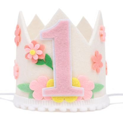 PATRDIO Wild Flower 1st Birthday Crown- Wild Flower 1st Birthday Decorations, Flower Theme Birthday Hat, Spring 1st Birthday Party Decoration, Little