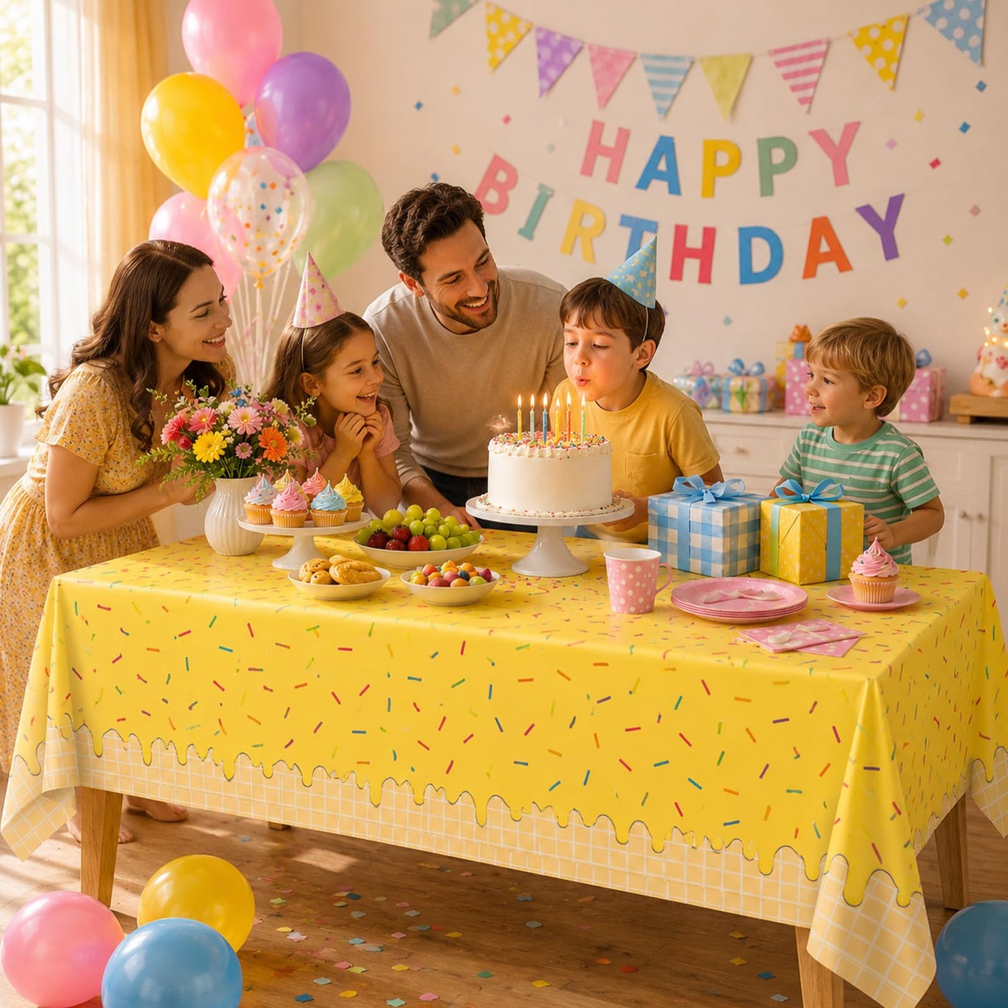 Broeify 3-Piece 54 x 108 Inch Summer Dessert Plastic Tablecloth - Blue, Yellow, Pink Sprinkle Design, Disposable Rectangle Table Cover for Birthday
