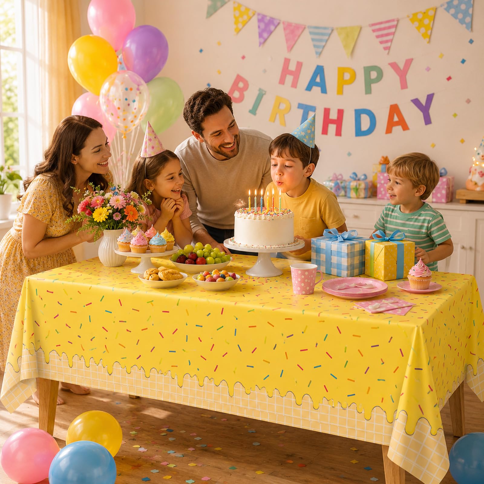 Broeify 3-Piece 54 x 108 Inch Summer Dessert Plastic Tablecloth - Blue, Yellow, Pink Sprinkle Design, Disposable Rectangle Table Cover for Birthday