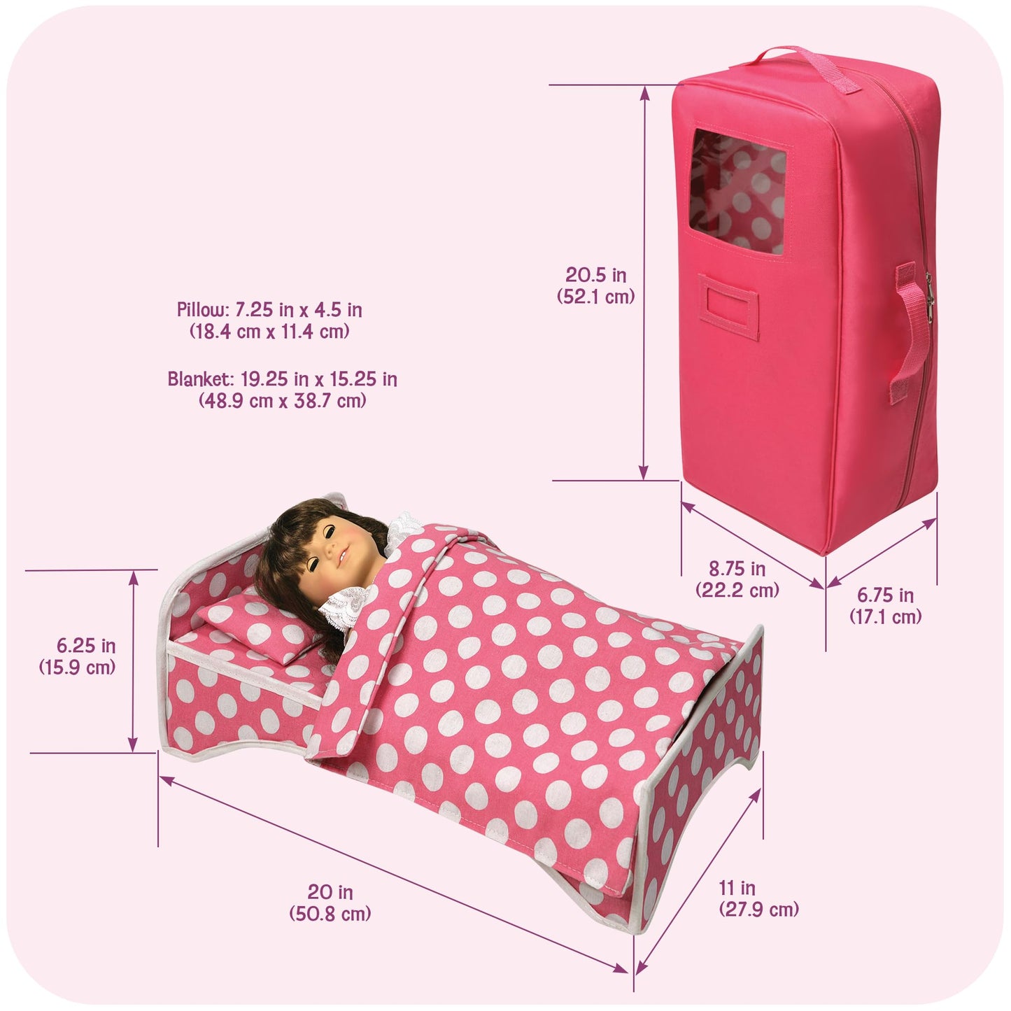 Badger Basket Doll Travel Case with Bed, Blanket, Pillow, Mesh Storage & Peek-a-Boo Window - Fits Girl Dolls - Portable Luggage Carrier with Straps