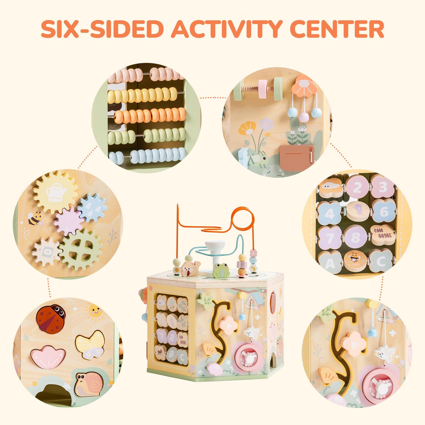 ROBOTIME Wooden Activity Cube for Toddlers, 13 in 1 Montessori Baby Activity Cube, Baby Play Cube Toy with Educational Features, Gift Wooden Cube Toy